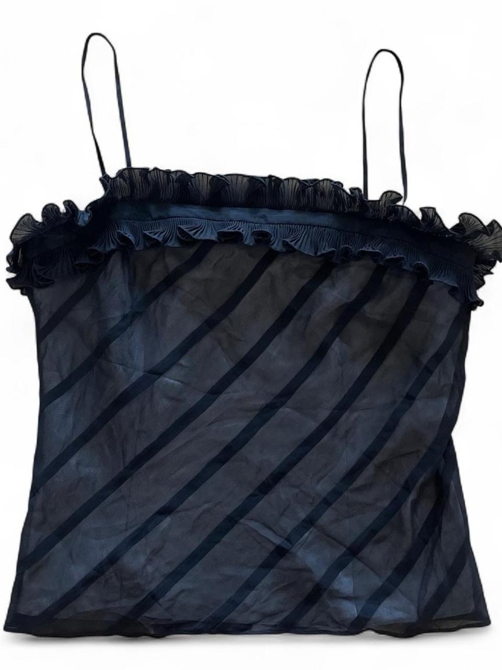 Ann Taylor 100% Silk Black Ruffle Trim Striped Detail Lined Cami Top